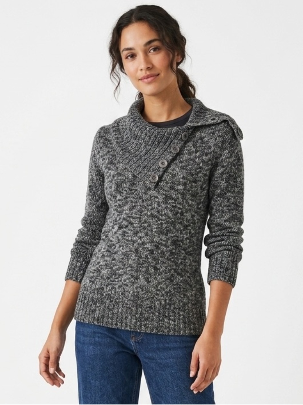 Jones New York Grey Black Marled Asymmetrical Button Cowl Neck Sweater Med - 574